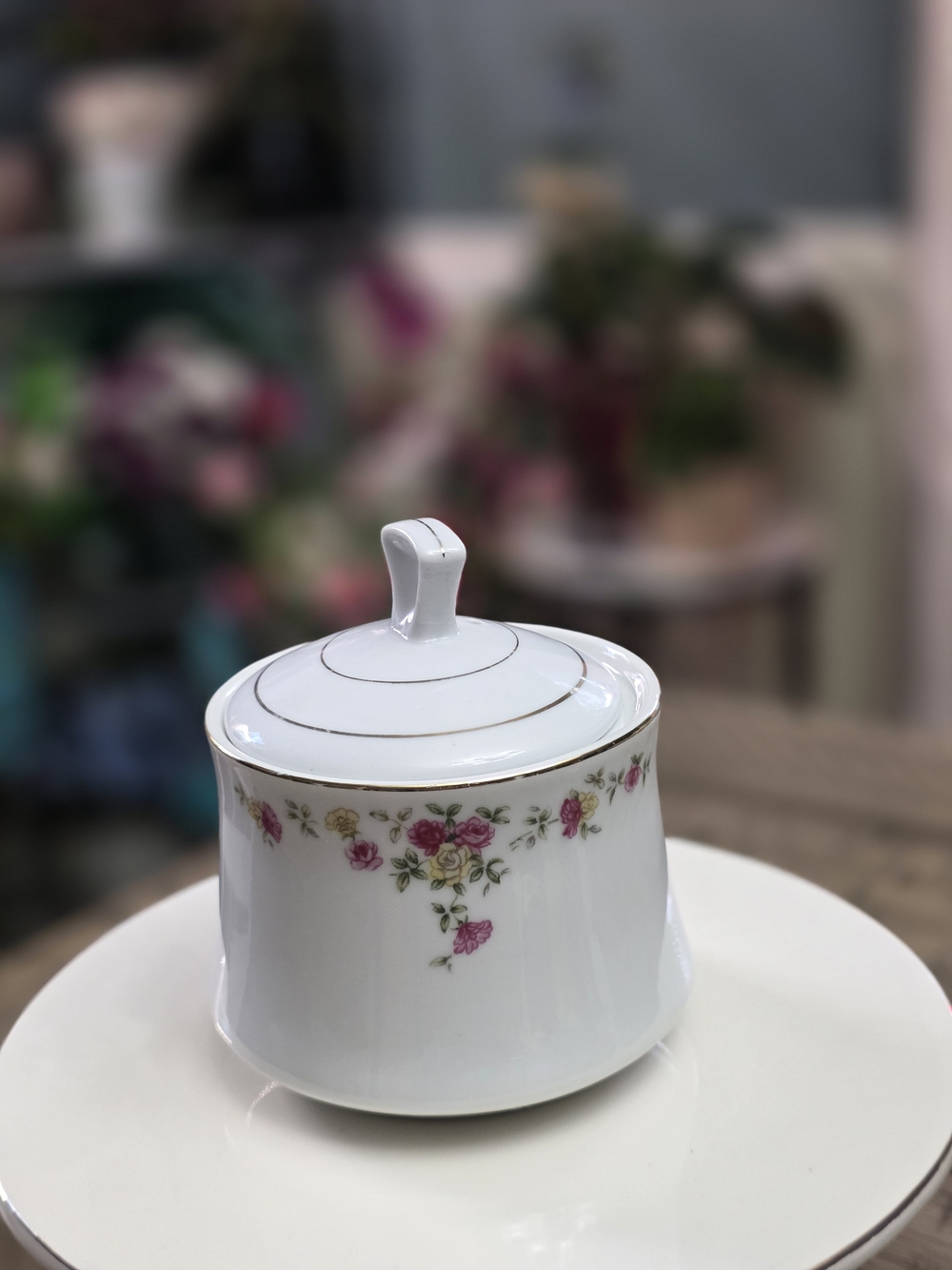 Porcelain Sugar Bowl with Pink Rose Motif - White and Gold Accent